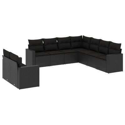 vidaXL Set mobilier de grădină cu perne, 9 piese, negru, poliratan