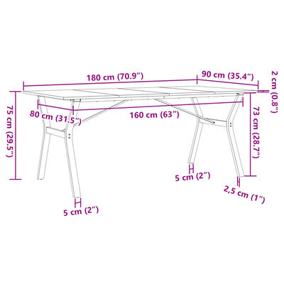 vidaXL Masă de bucătărie, cadru Y, 180x90x75cm lemn masiv pin și fontă