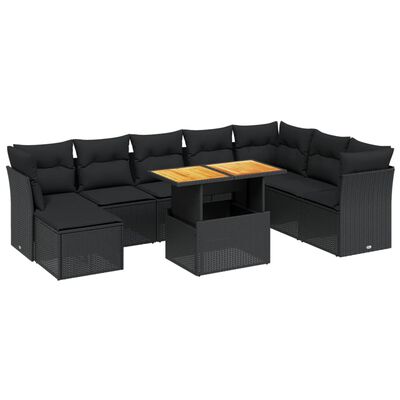 vidaXL Set mobilier de grădină cu perne, 9 piese, negru, poliratan