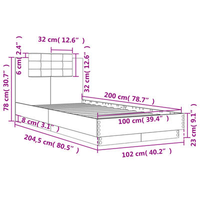 vidaXL Cadru de pat cu tăblie stejar fumuriu 100x200 cm lemn prelucrat