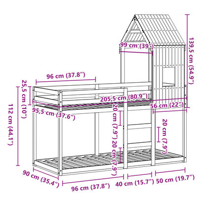 vidaXL Pat supraetajat cu acoperiș maro ceruit 90x200cm lemn masiv pin