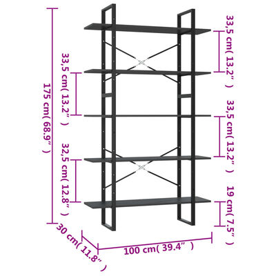 vidaXL Bibliotecă cu 5 rafturi, gri, 100x30x175 cm, lemn prelucrat