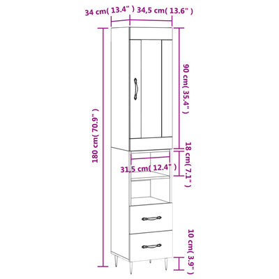 vidaXL Dulap înalt, alb, 34,5x34x180 cm, lemn prelucrat