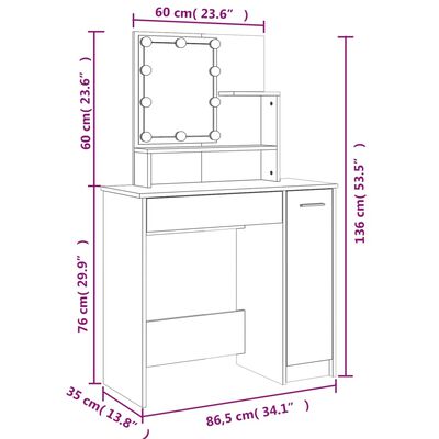 vidaXL Masă de toaletă cu LED, stejar fumuriu, 86,5x35x136 cm