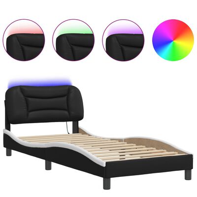 vidaXL Cadru de pat cu lumini LED negru/alb 90x190 cm piele ecologică