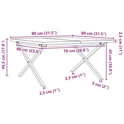 vidaXL Masă de cafea, cadru X, 80x80x45,5 cm, lemn masiv pin și fontă