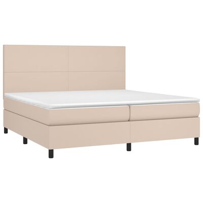 vidaXL Pat cu arcuri, cu saltea și LED cappuccino 200x200 cm piele eco