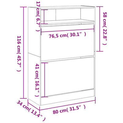 vidaXL Pantofar cu 2 sertare rabatabile, gri sonoma, 80x34x116 cm