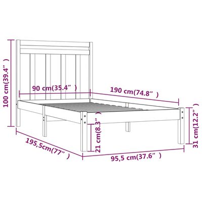 vidaXL Cadru de pat single, 90x190 cm, lemn masiv