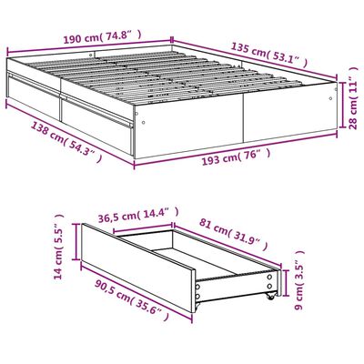 vidaXL Cadru de pat cu sertare, negru, 135x190 cm, lemn prelucrat