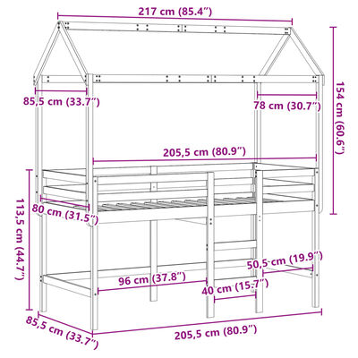 vidaXL Pat etajat cu scară și acoperiș, alb, 80x200 cm, lemn masiv pin