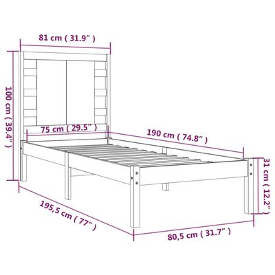 vidaXL Cadru de pat mic single, 75x190 cm, lemn masiv