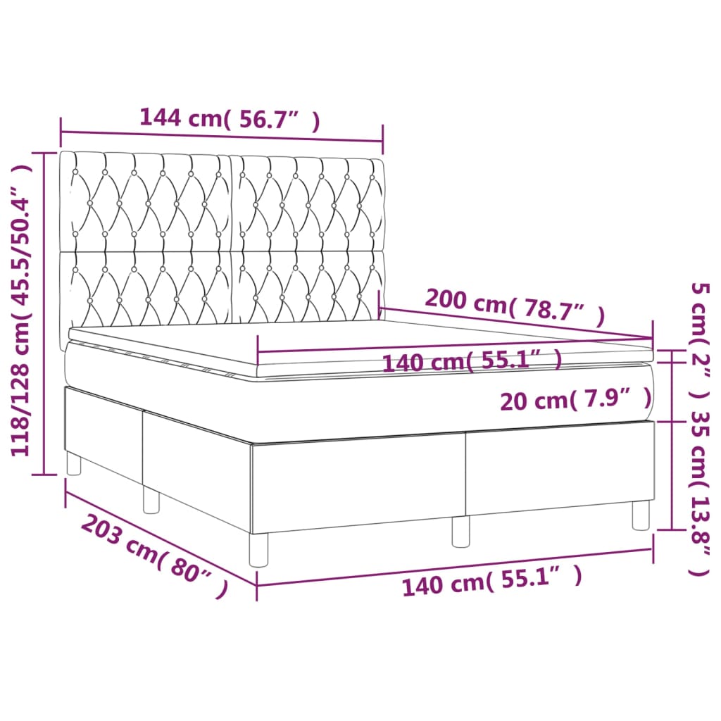 vidaXL Pat box spring cu saltea, gri închis, 140x200 cm, textil