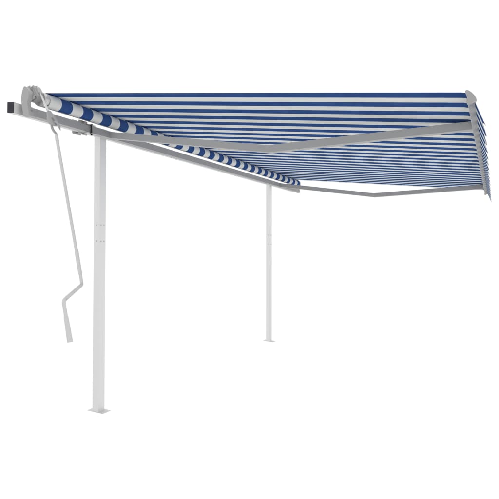 vidaXL Copertină retractabilă manual, cu stâlpi, albastru/alb, 4x3 m