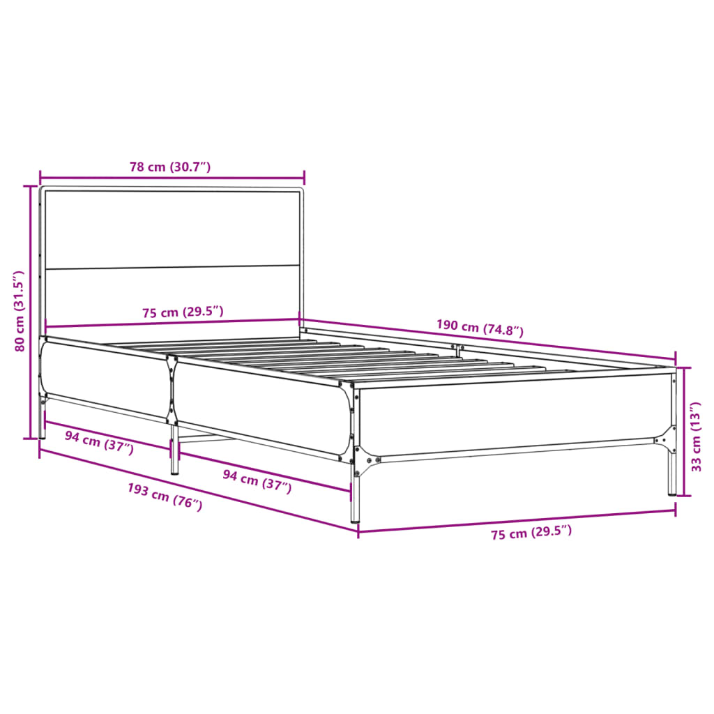 vidaXL Cadru de pat, gri sonoma, 75x190 cm, lemn prelucrat și metal