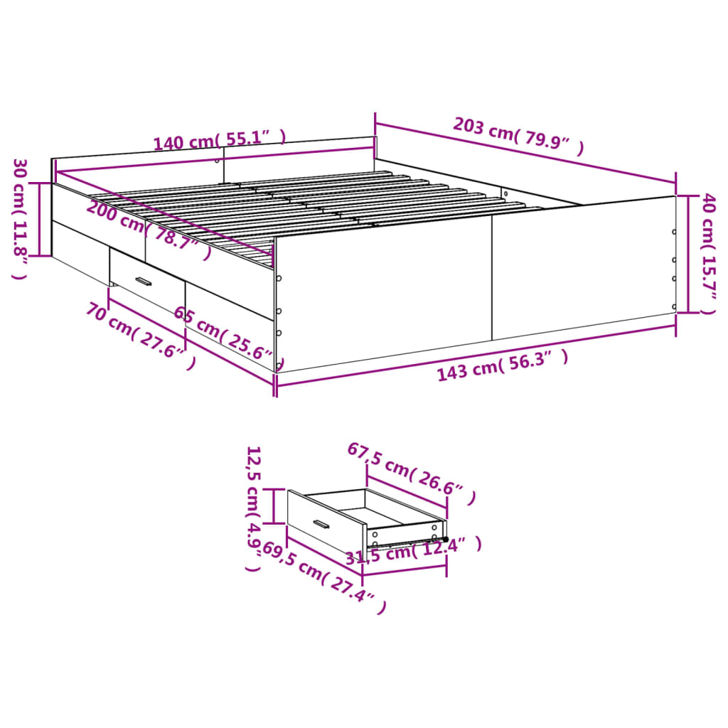 vidaXL Cadru pat cu sertare stejar fumuriu 140x200 cm lemn prelucrat