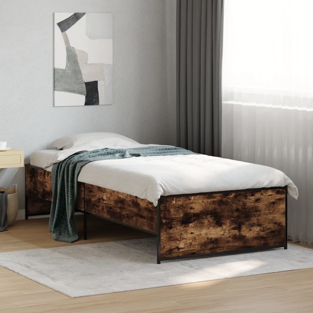 vidaXL Cadru de pat, stejar fumuriu, 90x200cm, lemn prelucrat și metal