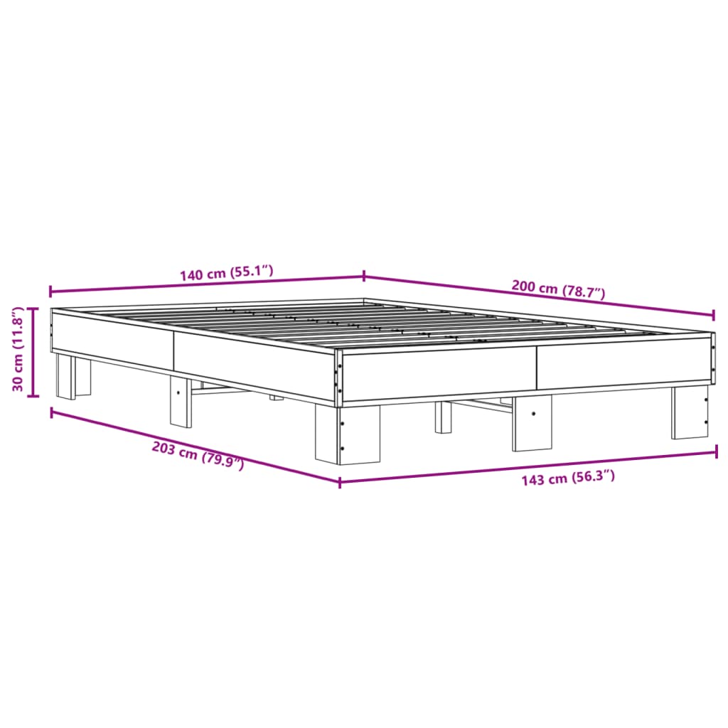 vidaXL Cadru de pat, stejar fumuriu 140x200 cm lemn prelucrat și metal