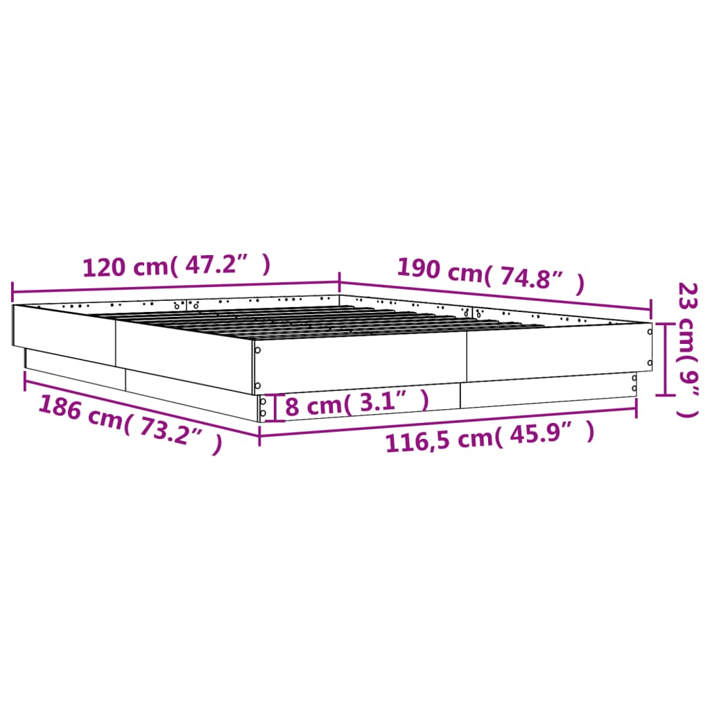 vidaXL Cadru de pat cu lumini LED, gri beton, 120x190 cm