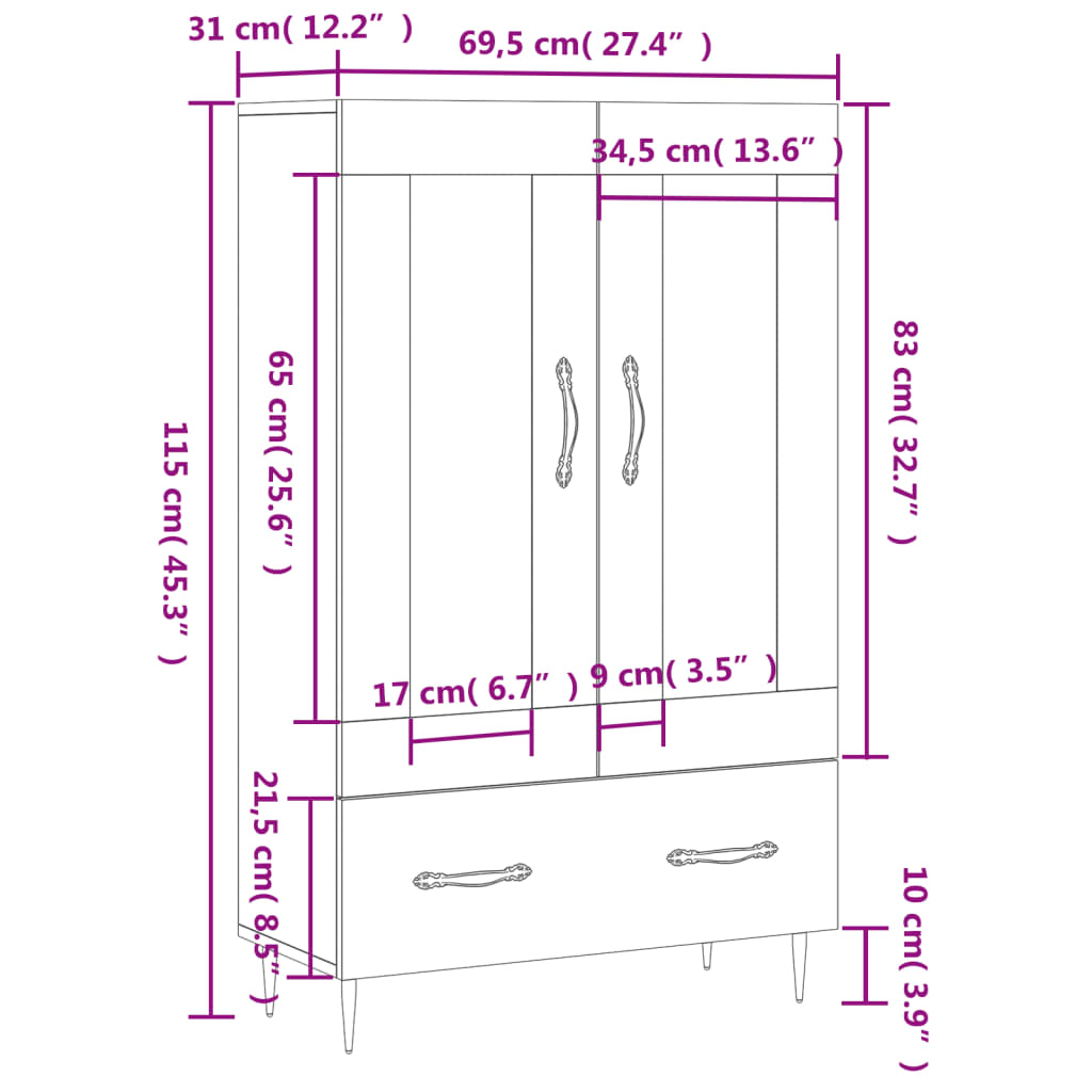 vidaXL Dulap înalt, stejar afumat, 69,5x31x115 cm, lemn prelucrat