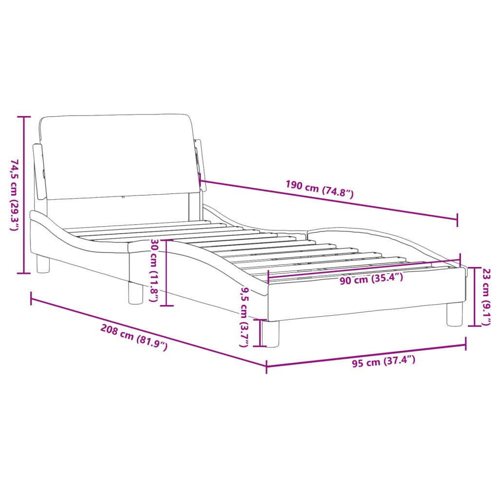 vidaXL Cadru de pat cu tăblie, gri, 90x190 cm, piele ecologică