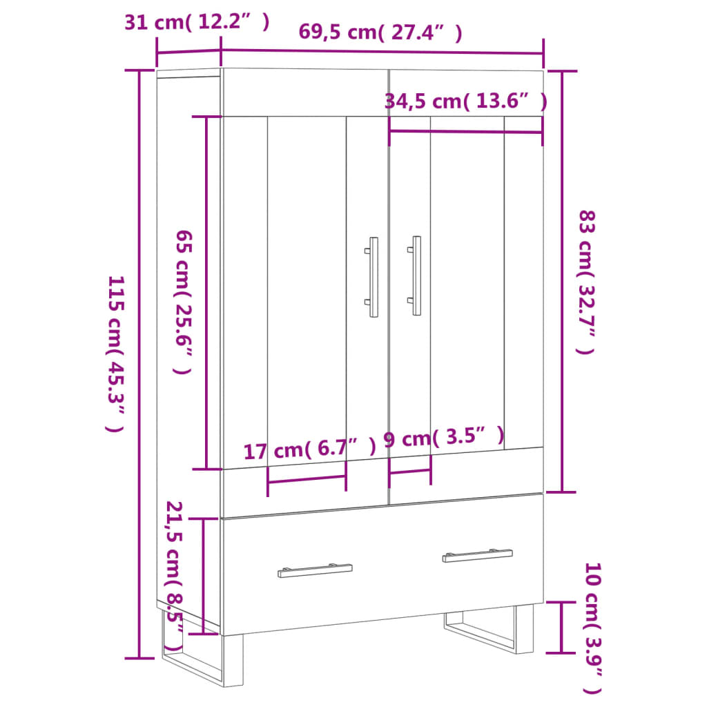 vidaXL Dulap înalt, gri beton, 69,5x31x115 cm, lemn prelucrat