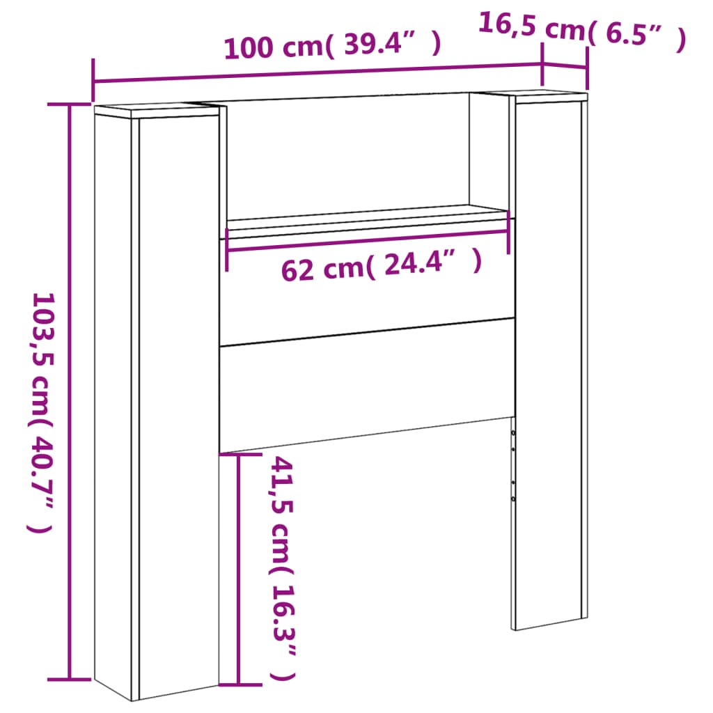 vidaXL Tăblie de pat cu dulap și LED, gri sonoma, 100x16,5x103,5 cm