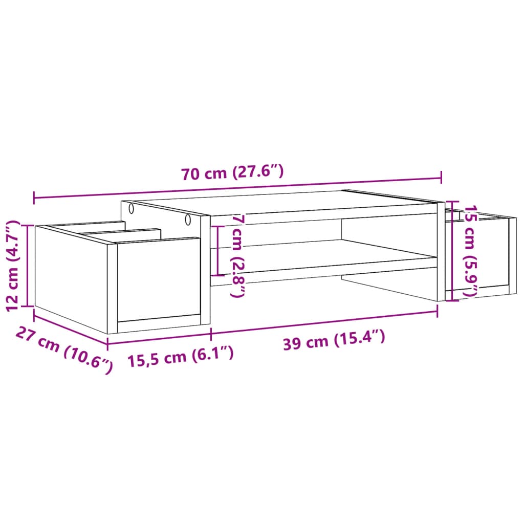 vidaXL Suport monitor cu depozitare, stejar fumuriu, 70x27x15cm, lemn