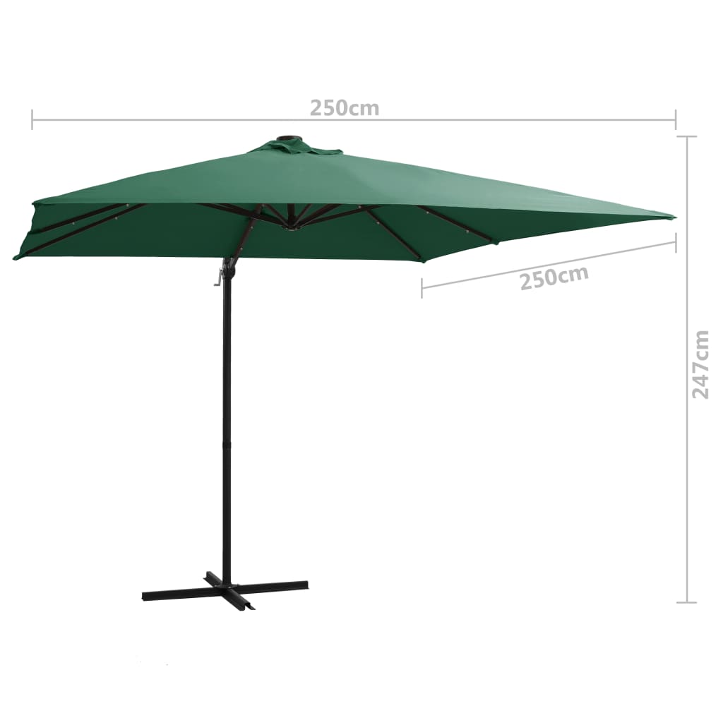 vidaXL Umbrelă suspendată cu LED și stâlp din oțel, verde, 250x250 cm