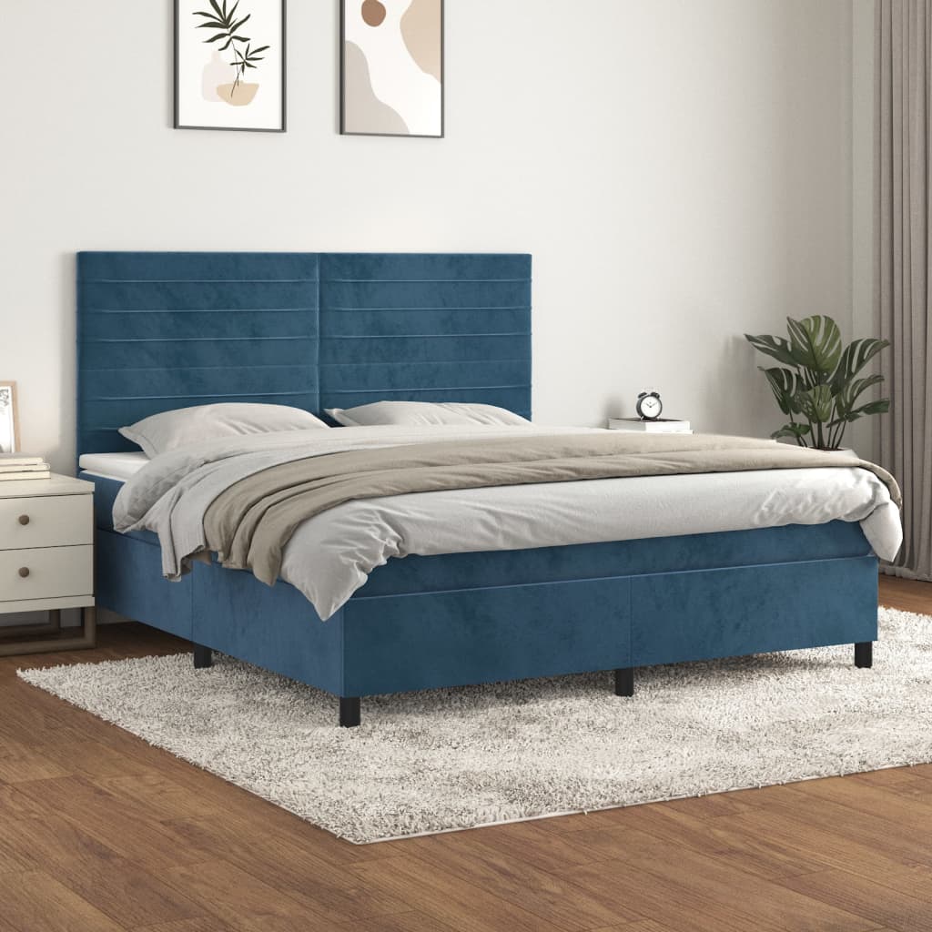 vidaXL Pat box spring cu saltea, albastru închis, 160x200 cm, catifea