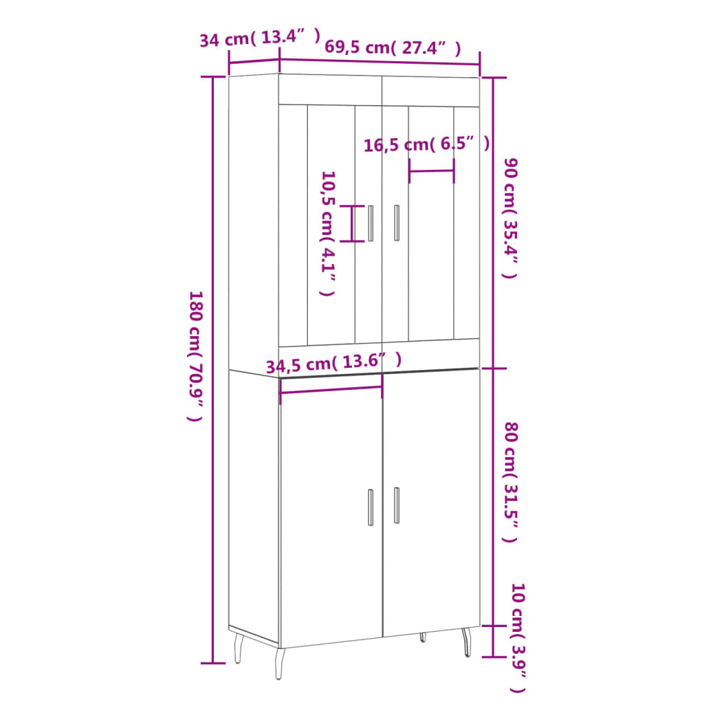 vidaXL Dulap înalt, negru, 69,5x34x180 cm, lemn compozit