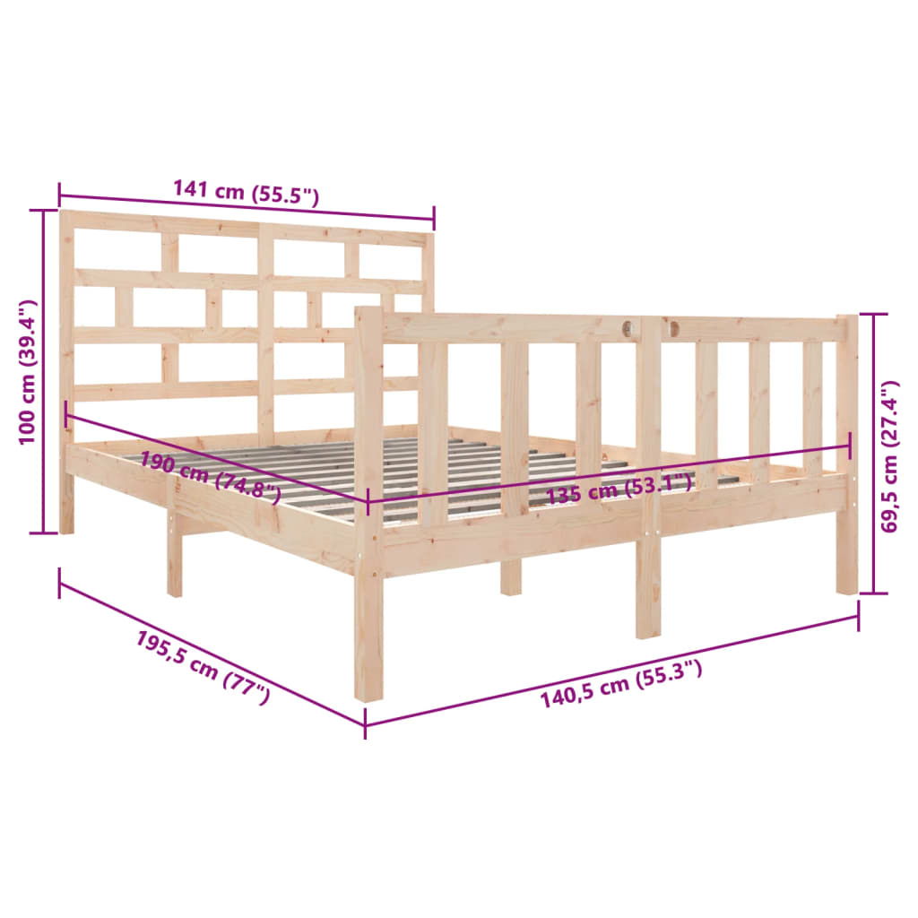 vidaXL Cadru de pat dublu, 135x190 cm, lemn masiv de pin