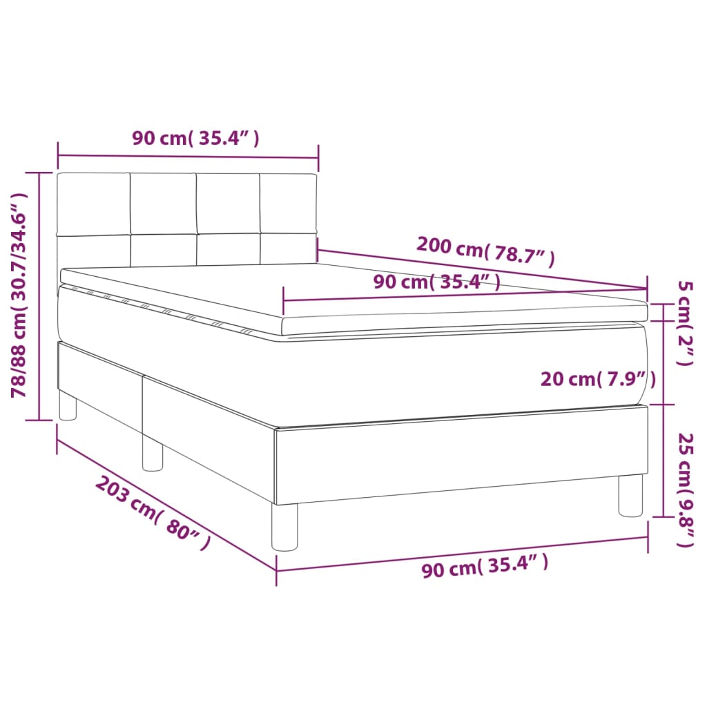 vidaXL Pat cu arcuri, saltea și LED, gri taupe, 90x200 cm, textil