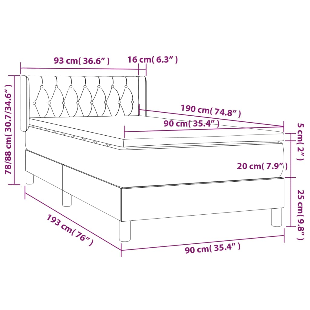 vidaXL Pat box spring cu saltea, albastru, 90x190 cm, textil