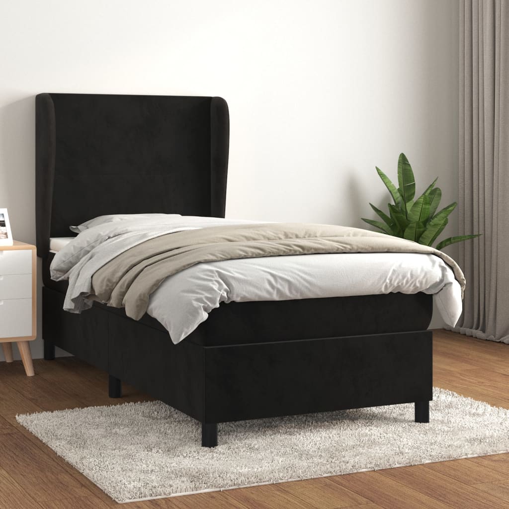 vidaXL Pat box spring cu saltea, negru, 90x190 cm, catifea