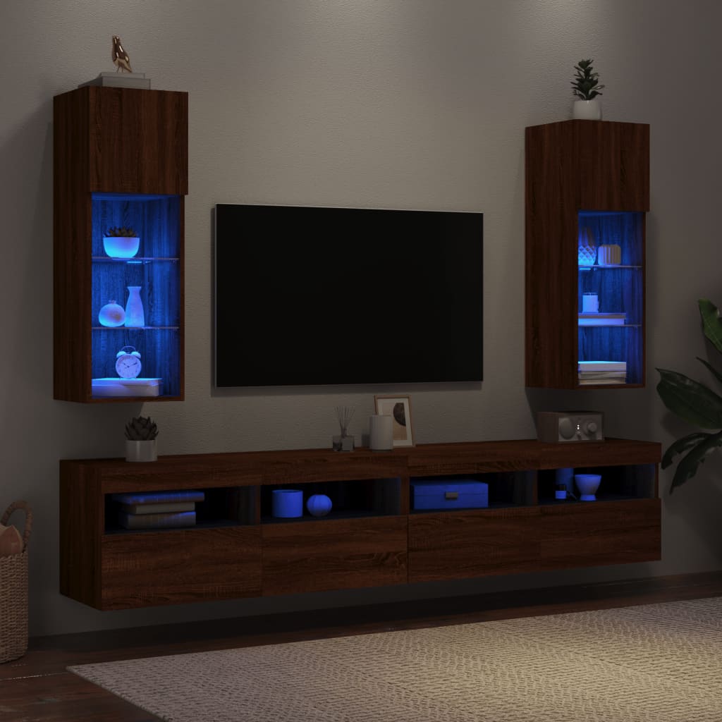 vidaXL Comode TV cu lumini LED, 2 buc., stejar maro, 30,5x30x90 cm