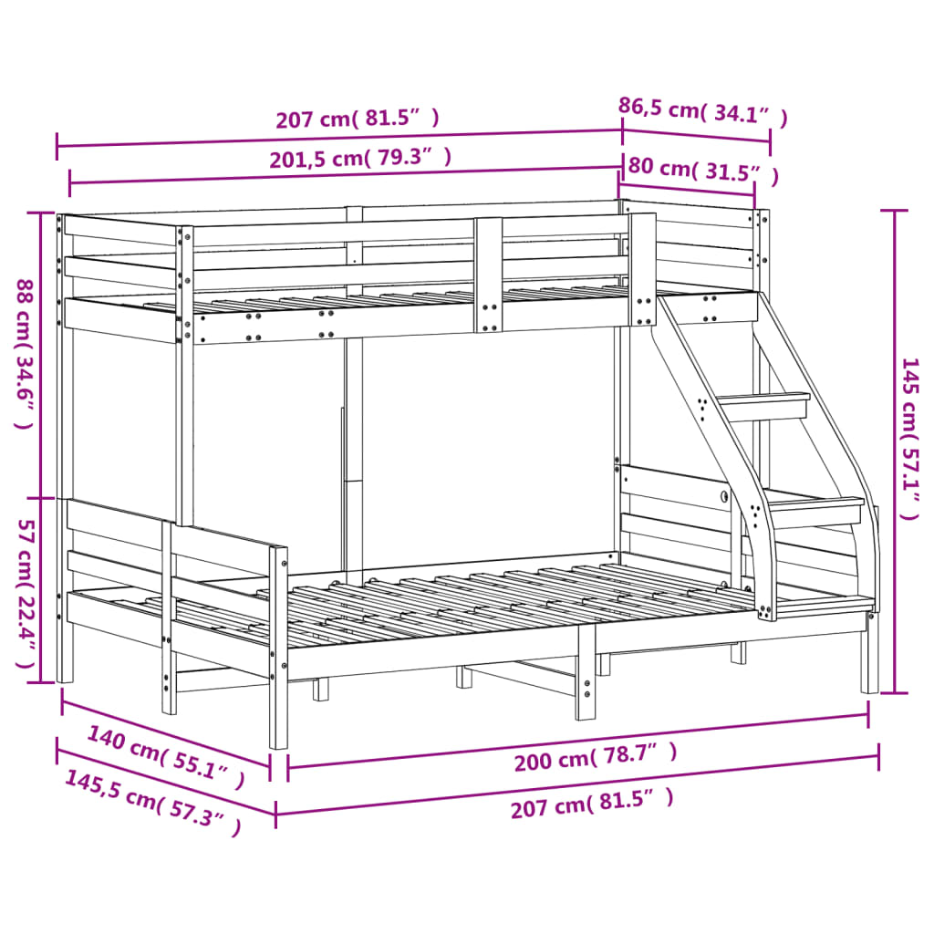 vidaXL Pat supraetajat, 80x200/140x200 cm, lemn masiv de pin