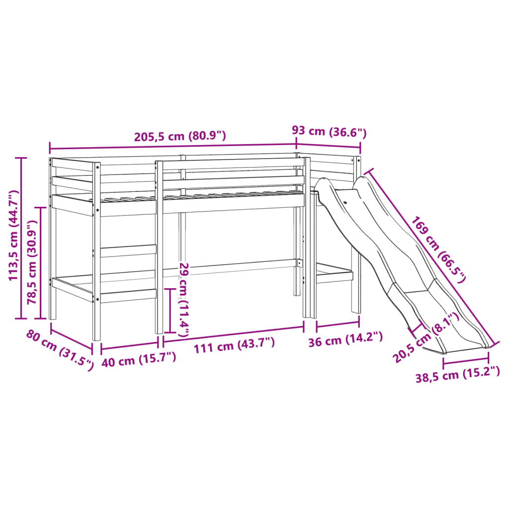 vidaXL Pat etajat de copii cu perdele, 80x200 cm, lemn masiv pin