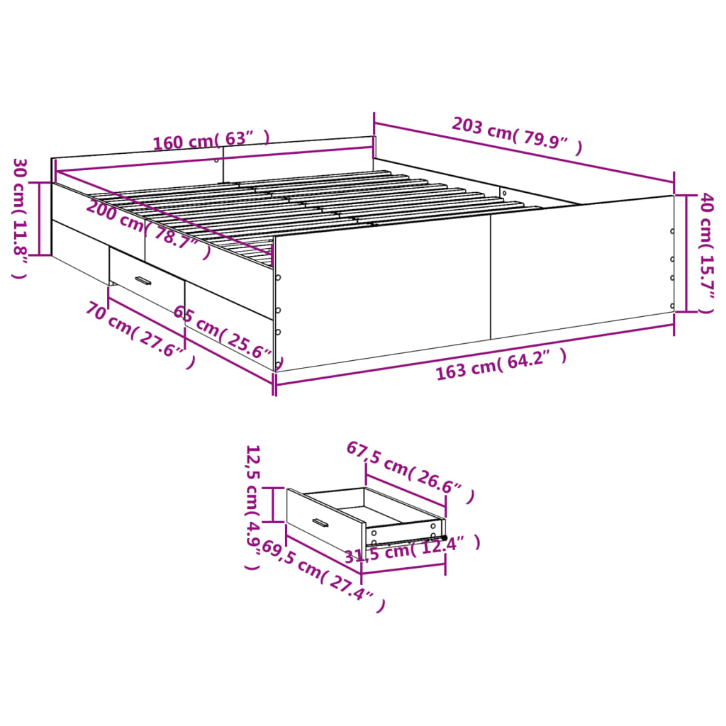 vidaXL Cadru de pat cu sertare, alb, 160x200 cm, lemn prelucrat