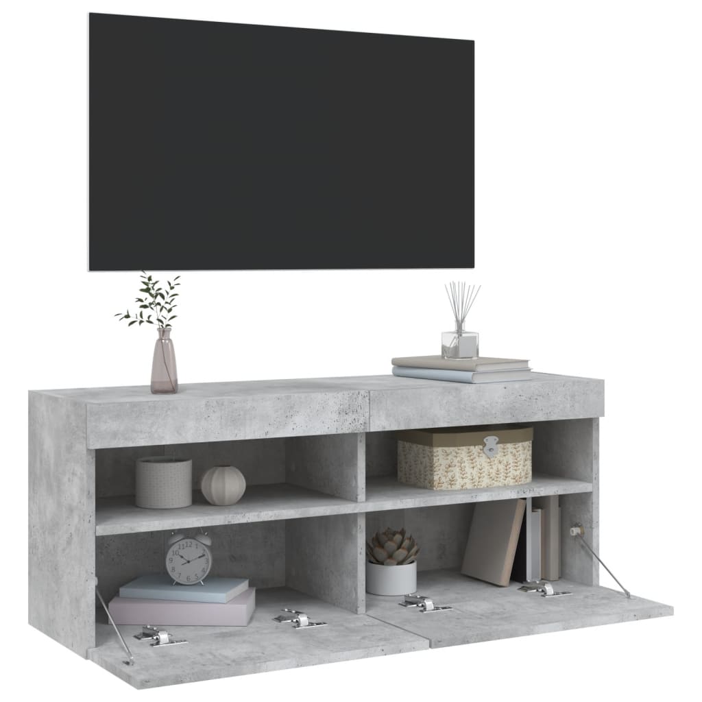 vidaXL Comodă TV de perete cu lumini LED, gri beton, 100x30x40 cm