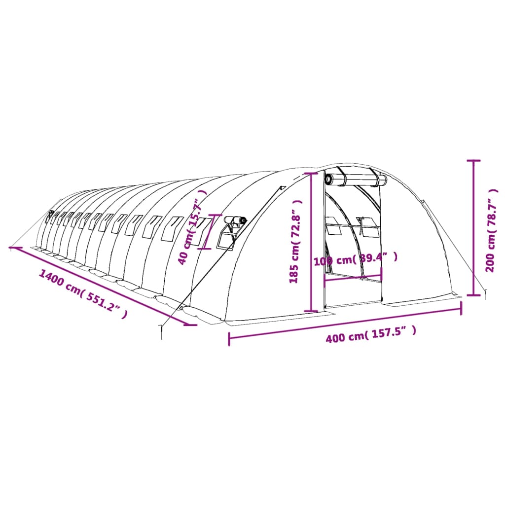 vidaXL Seră cu cadru din oțel, alb, 56 m², 14x4x2 m