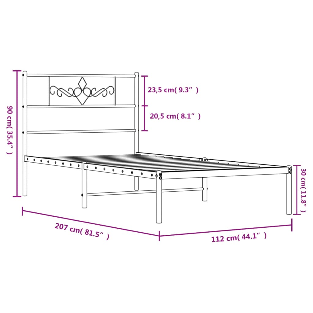 vidaXL Cadru de pat din metal cu tăblie, alb, 107x203 cm