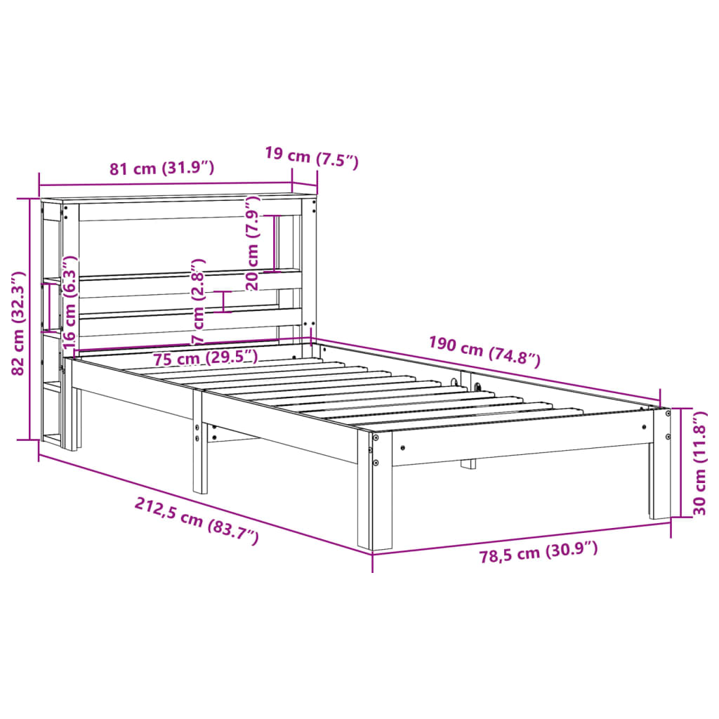 vidaXL Cadru de pat cu tăblie, alb, 75x190 cm, lemn masiv de pin