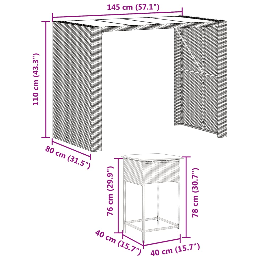 vidaXL Set mobilier bar de grădină cu perne, 7 piese, gri, poliratan