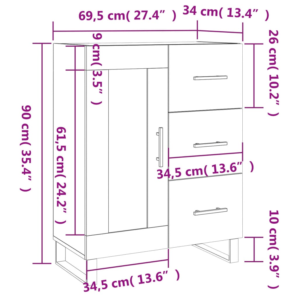 vidaXL Servantă, alb, 69,5x34x90 cm, lemn compozit