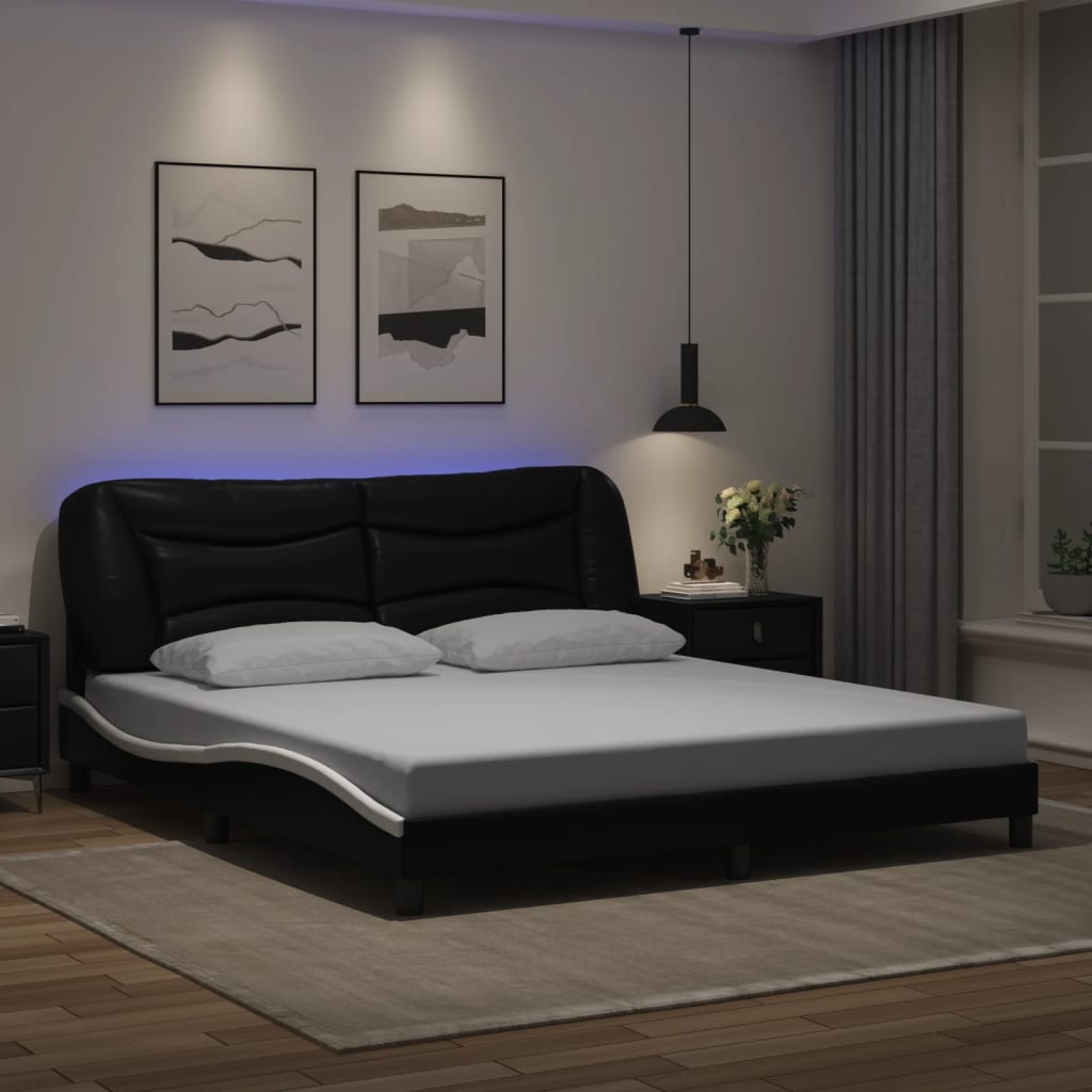 vidaXL Cadru de pat cu LED, negru și alb, 180x200 cm, piele ecologică