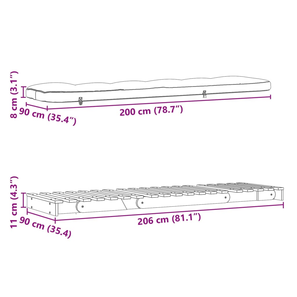 vidaXL Canapea futon cu saltea, 90x206x11 cm, lemn de pin tratat