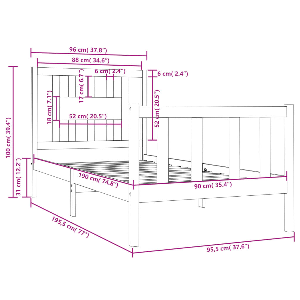 vidaXL Cadru de pat single, negru, 90x190 cm, lemn masiv