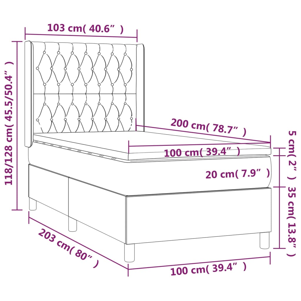 vidaXL Pat cu arcuri, saltea și LED, bleumarin, 100x200 cm, catifea