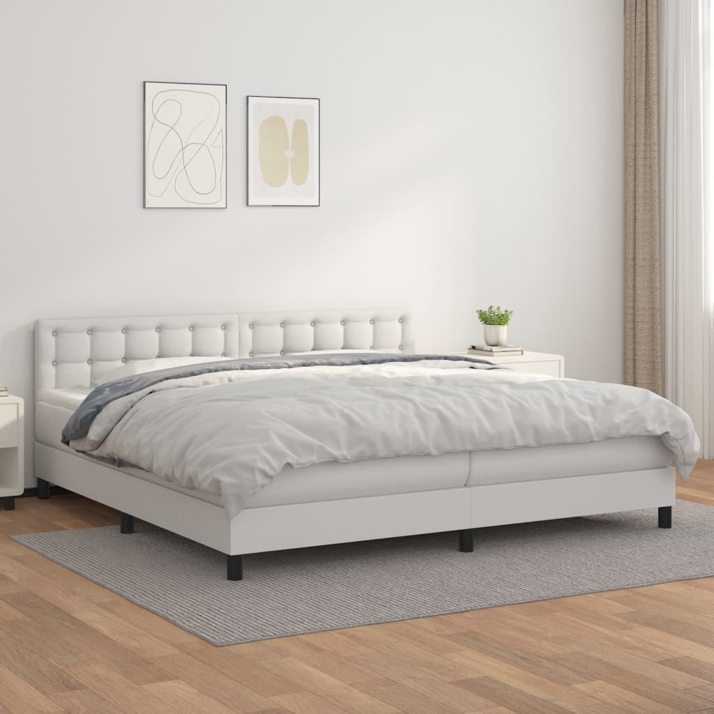 vidaXL Pat box spring cu saltea, alb, 200x200 cm, piele ecologică